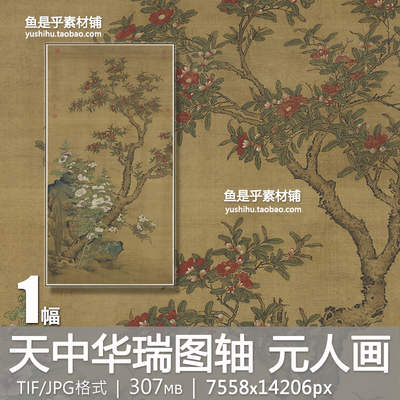 天中华瑞图轴 元代石榴蜀葵花卉奇石端阳传统绘画电子版图片素材