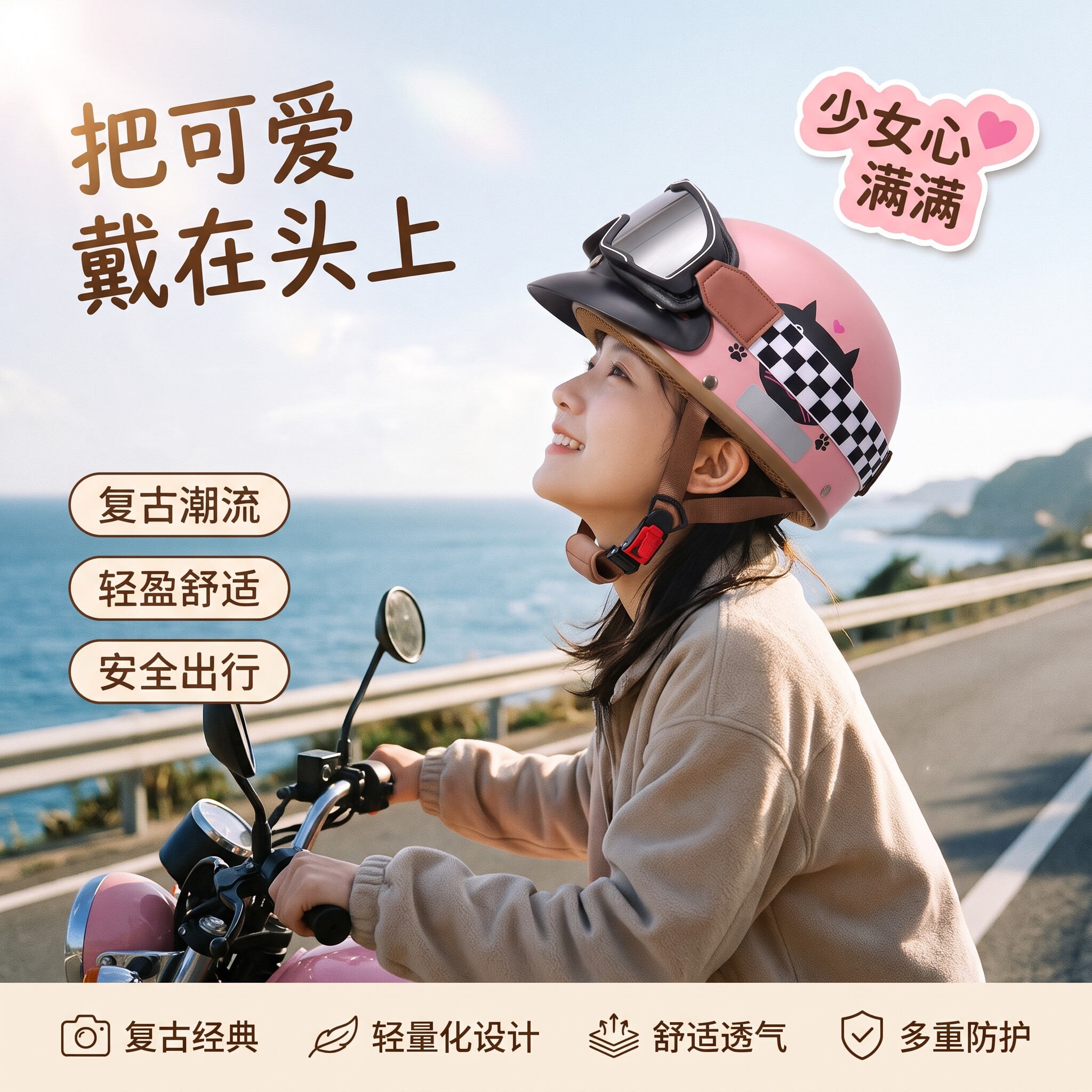 复古头盔3C认证个性男女款电动车半盔四季通用冬季保暖安全帽耳朵