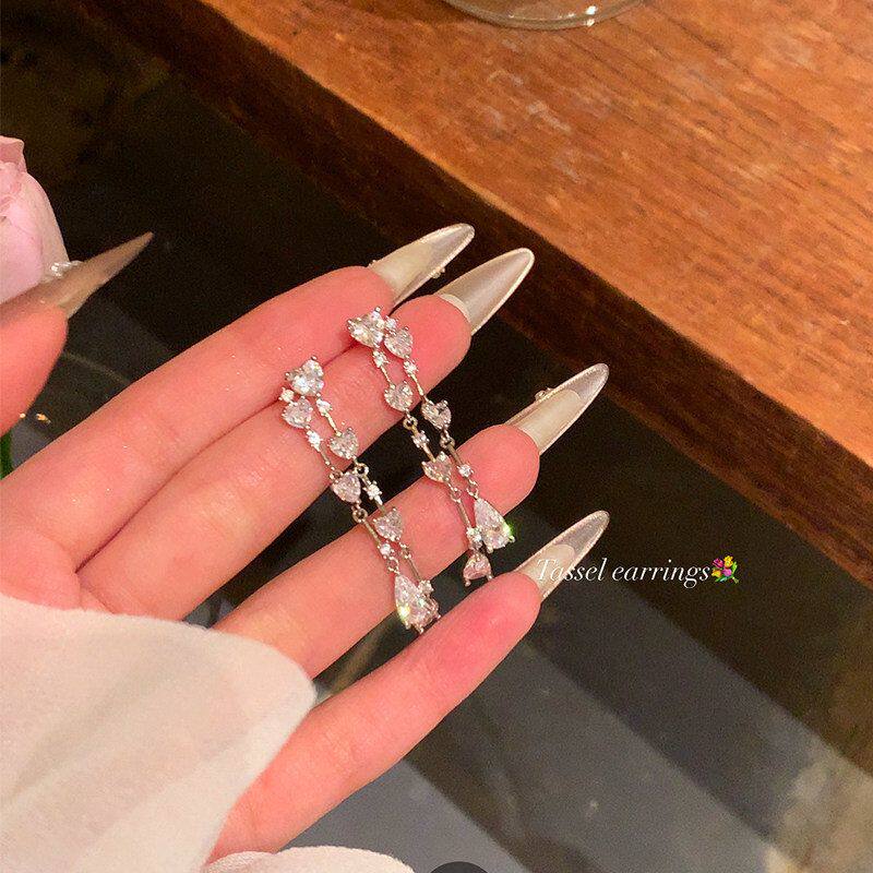 锆石耳饰爱心女耳环流苏高级感无