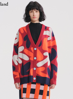 CYNTHIA&XIAO羊毛V领开衫红色箭头毛衣外套