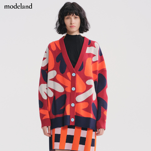 CYNTHIA&XIAO羊毛V领开衫红色箭头毛衣外套