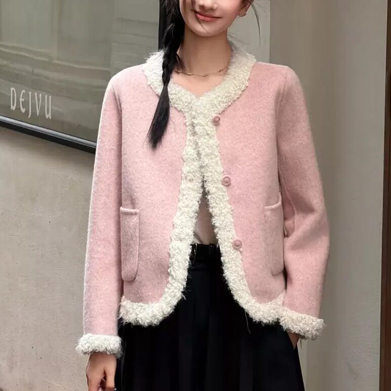 小香风粉色绵羊毛短款外套女秋冬毛呢外套
