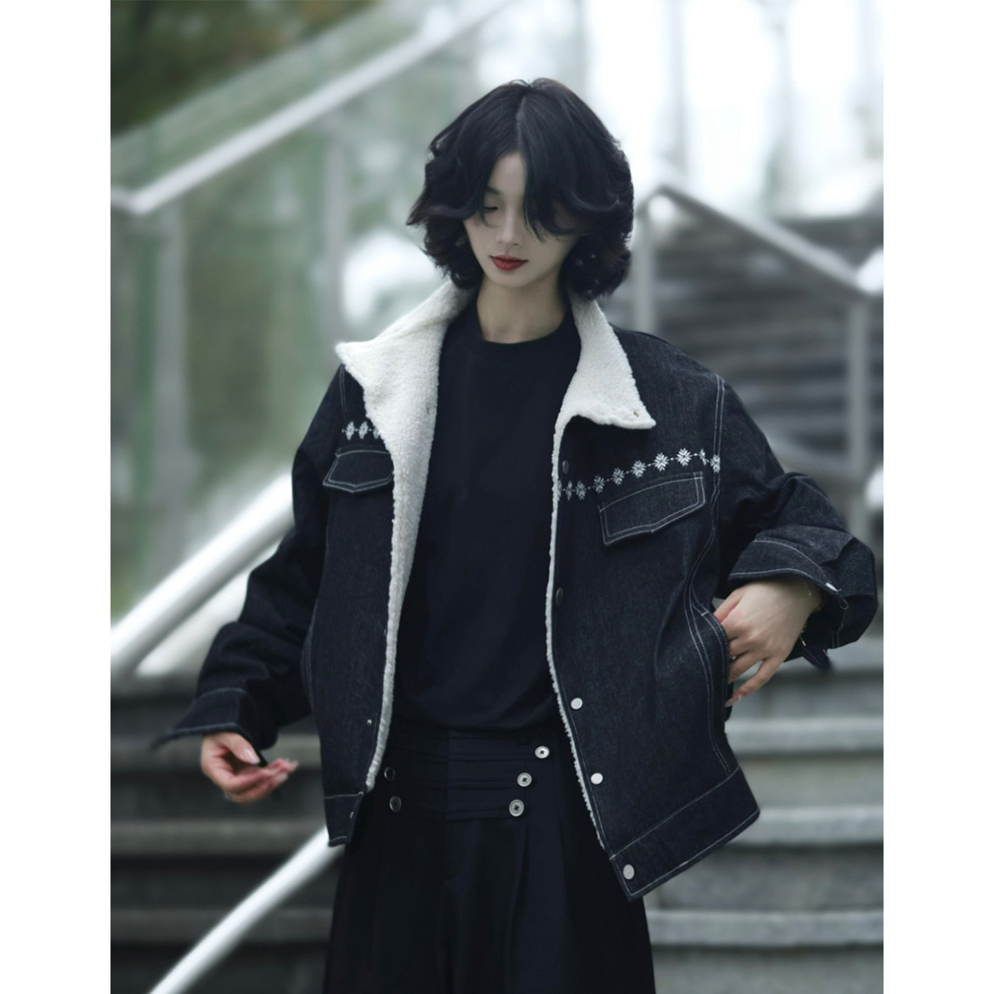 牧游昏昏美式复古羊羔绒牛仔外套男加厚翻立领宽松短款棉衣夹克冬