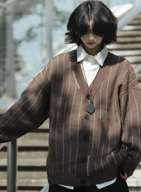 牧游昏昏 日系针织马甲外套秋复古美拉德条纹毛衣保暖加厚开衫