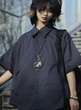 牧游昏昏日系复古宽松廓形格子短袖衬衫男女夏季休闲百搭工装衬衣