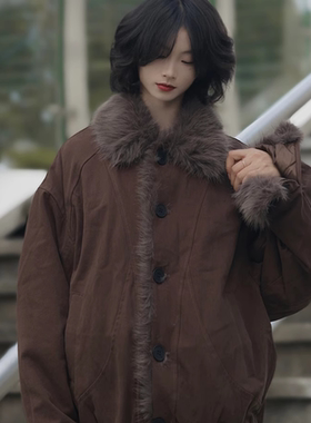 牧游昏昏美式复古冬季短款棉服男女加厚保暖毛领外套潮