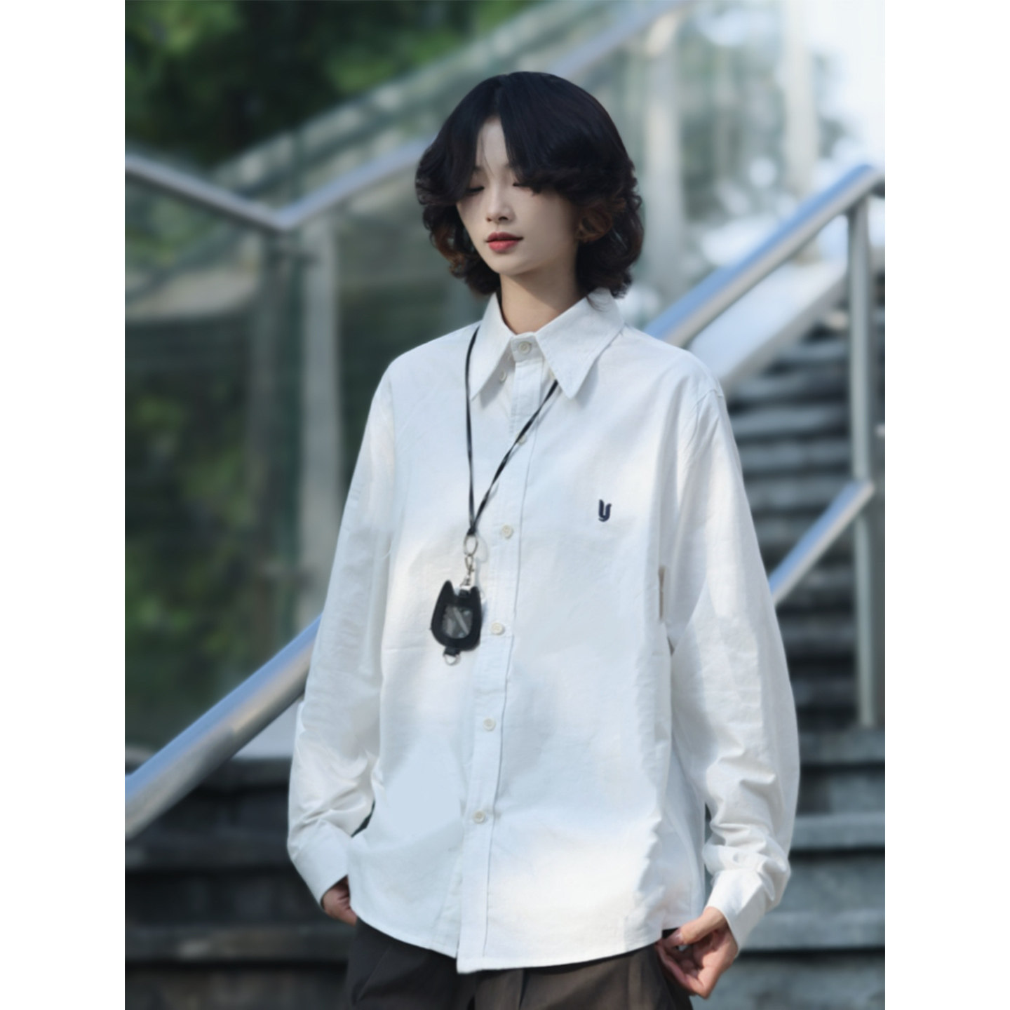 牧游昏昏日系复古字母刺绣纯棉衬衫男女工装长袖上衣宽松休闲衬衣