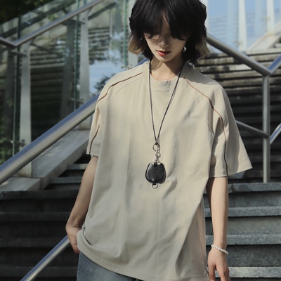 牧游昏昏日系复古夏季宽松圆领短袖T恤男纯棉重磅220克设计感半袖