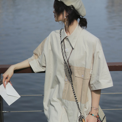 牧游昏昏日系复古夏季宽松工装短袖衬衫纯棉中性衬衣polo衫情侣潮