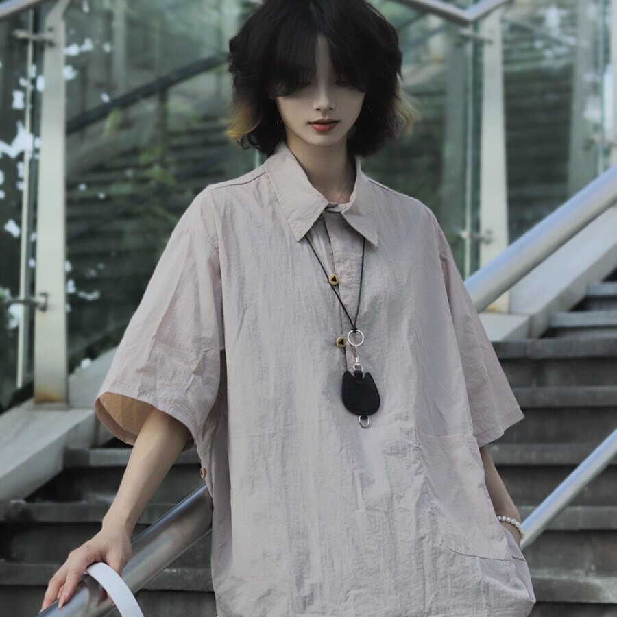 牧游昏昏日系复古工装短袖衬衫男女夏季中性宽松休闲半袖polo衬衣