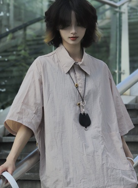 牧游昏昏日系复古工装短袖衬衫男女夏季中性宽松休闲半袖polo衬衣