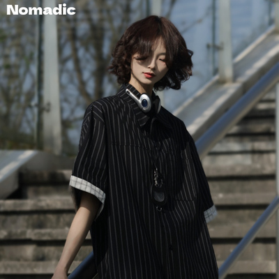 牧游昏昏老钱风复古廓形条纹短袖衬衫休闲慵懒高级感翻领衬衣男女