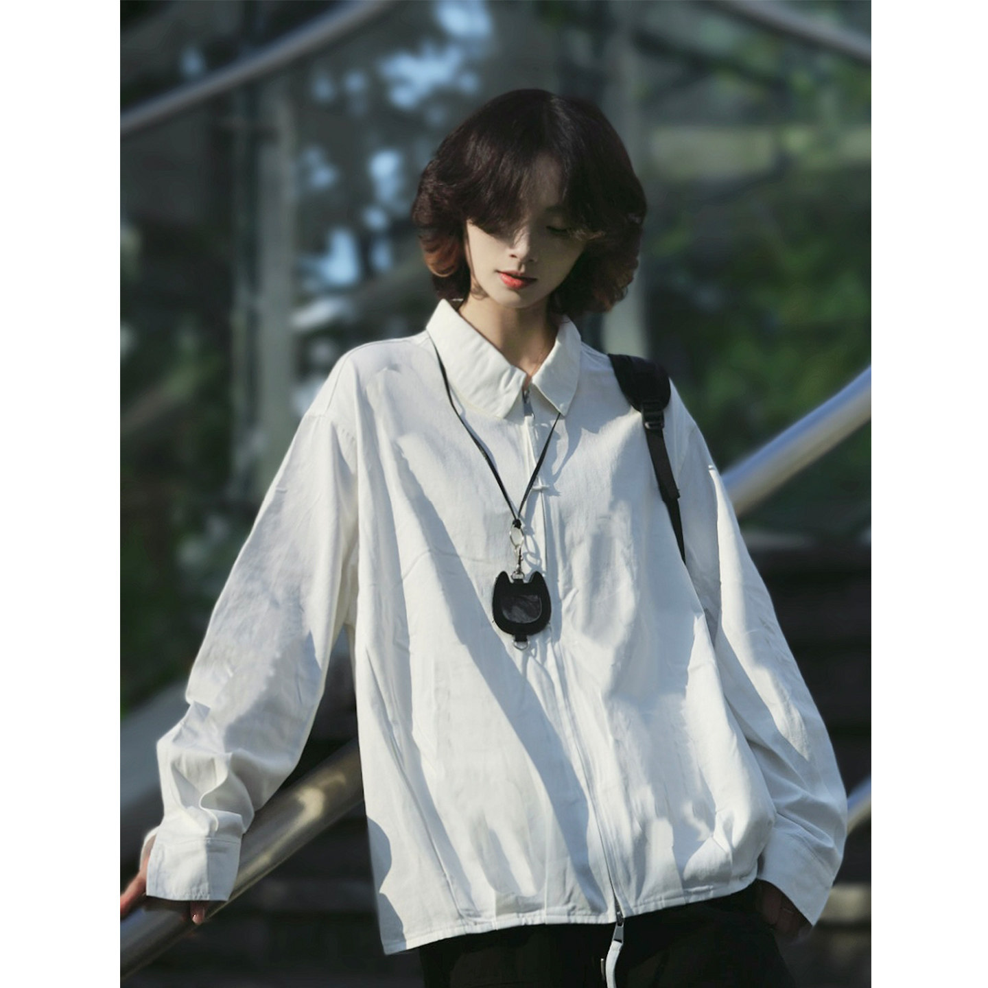 牧游昏昏日系复古设计感纯棉拉链长袖衬衫男女秋季纯色休闲外套潮