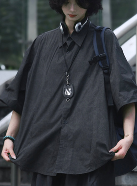 牧游昏昏日系复古廓形宽松做旧脏染短袖衬衫男夏季五分袖休闲衬衣