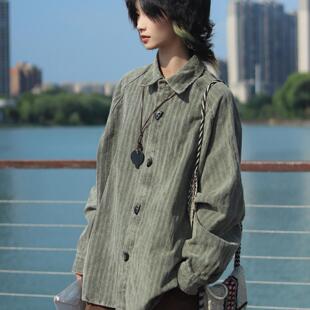 牧游昏昏日系复古条纹灯芯绒设计感做旧宽松长袖衬衫纯棉外套男潮