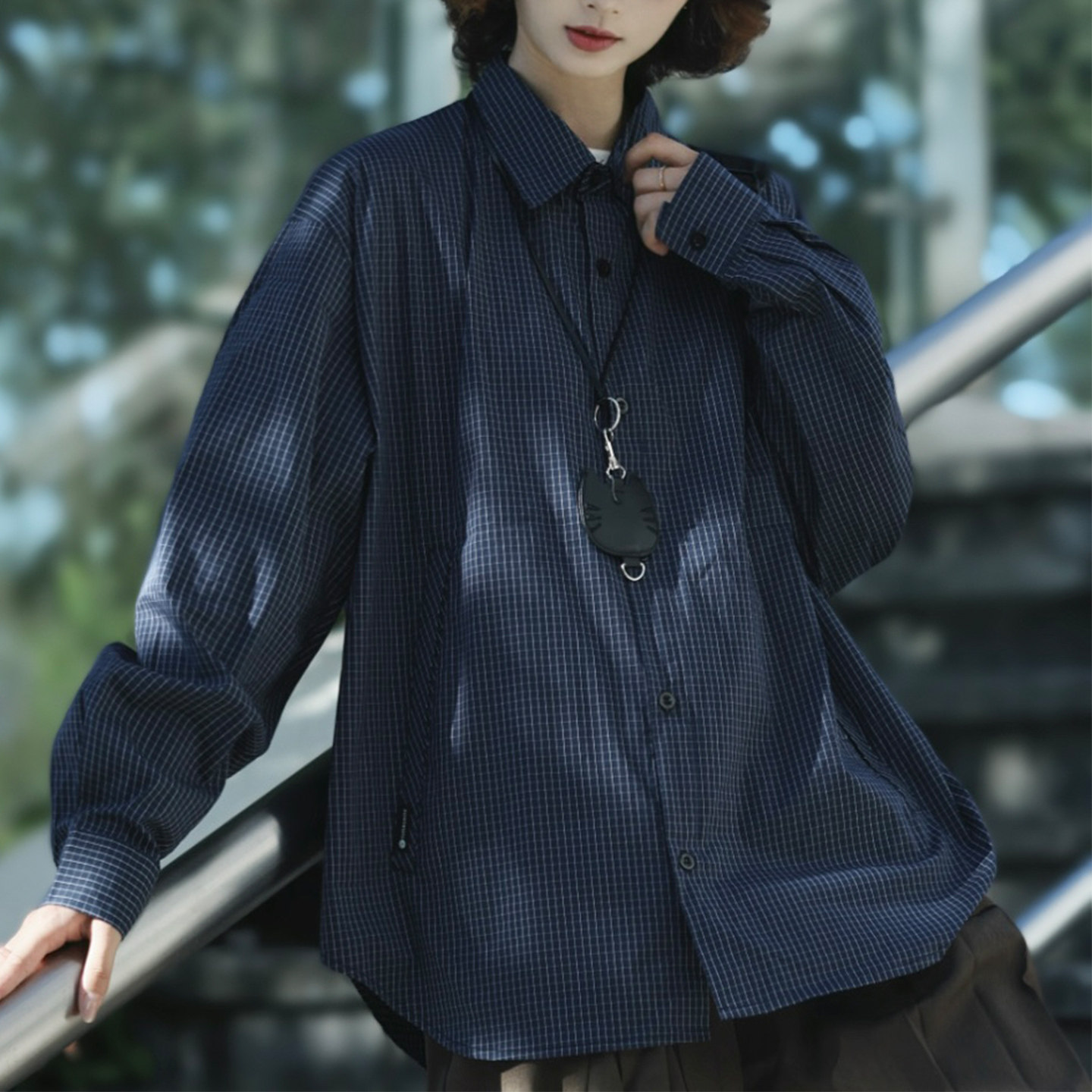 牧游昏昏日系复古宽松廓形格子长袖衬衫男女春秋休闲百搭工装衬衣