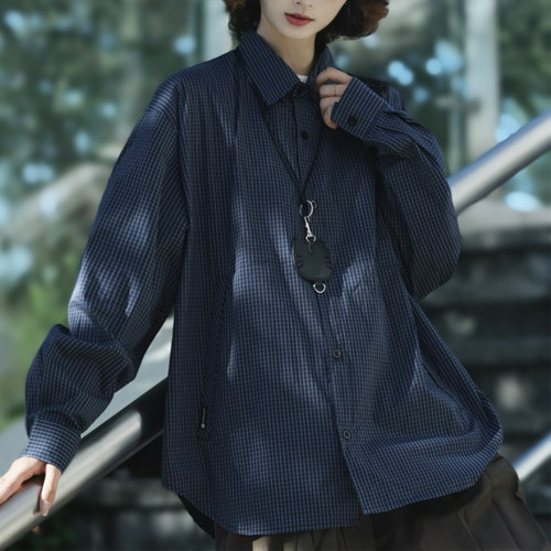 牧游昏昏日系复古宽松廓形格子长袖衬衫男女春秋休闲百搭工装衬衣