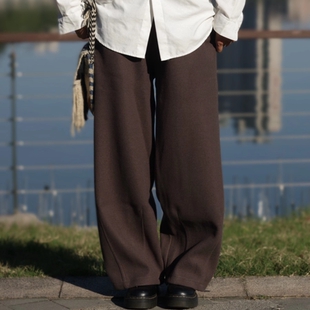牧游昏昏日系复古毛呢纯色直筒松紧西装裤男女秋冬宽松休闲长裤
