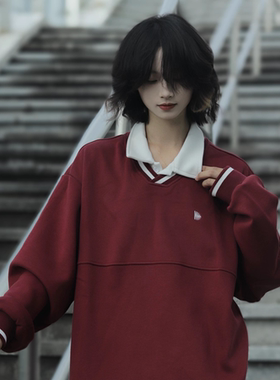 牧游昏昏 新年加绒宽松polo衫长袖假两件正肩翻领套头卫衣男女