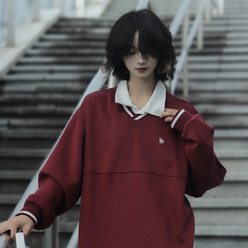 牧游昏昏 加绒宽松polo衫长袖假两件正肩翻领套头卫衣男女休闲风