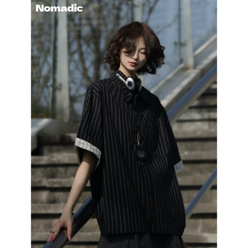 牧游昏昏老钱风复古廓形条纹短袖衬衫休闲慵懒高级感翻领衬衣男女