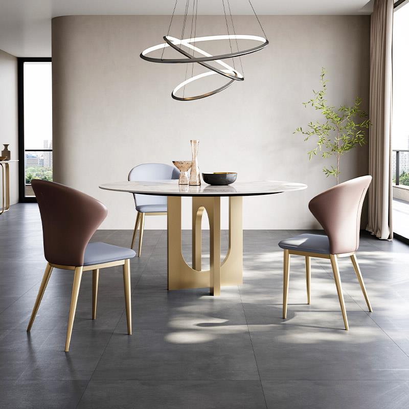 轻奢亮光岩板餐桌 圆形家用现代简约带转盘侘寂风岩板餐桌椅组合