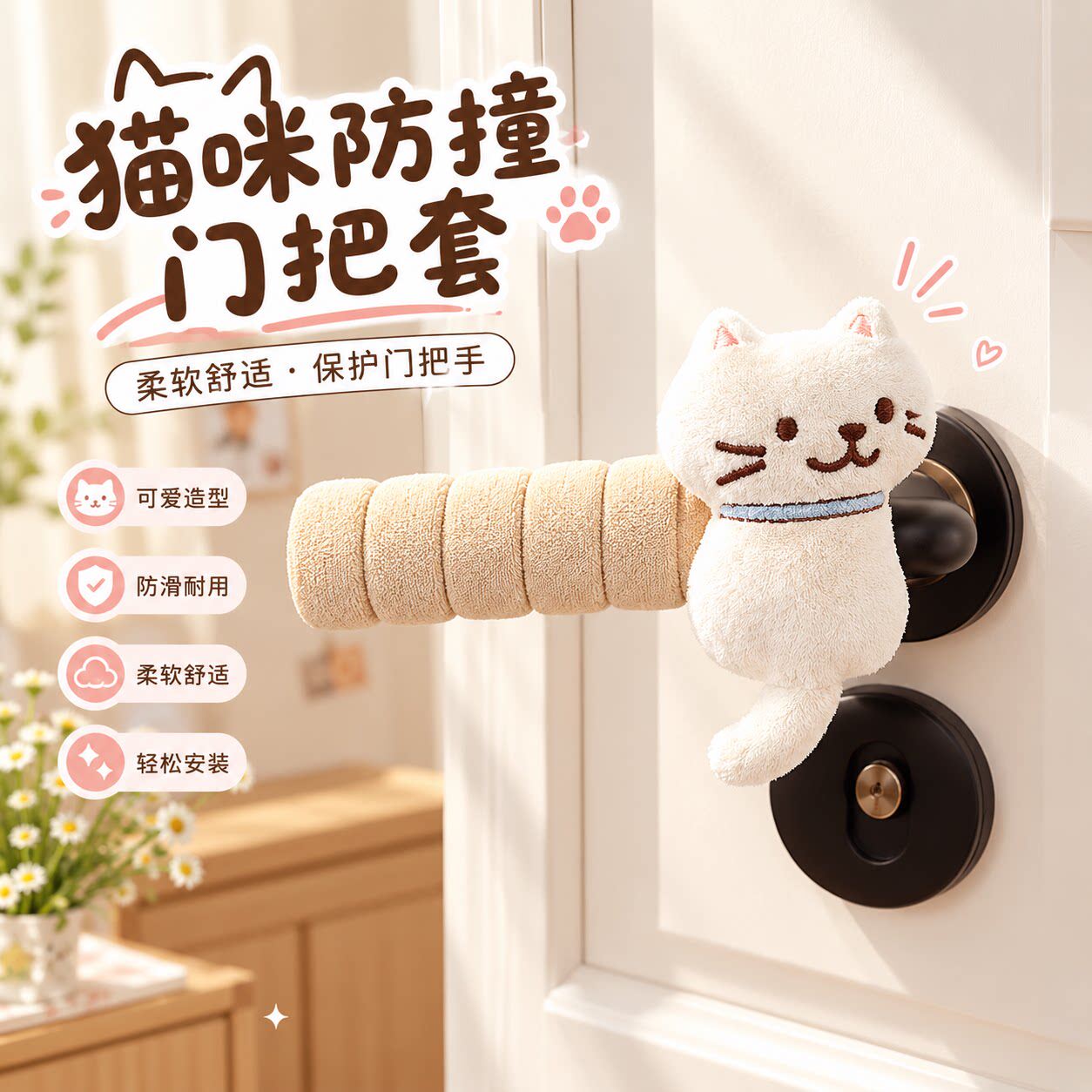 卡通猫咪门把手保护套家用房门防撞静音门把套儿童房防冰手拉手套