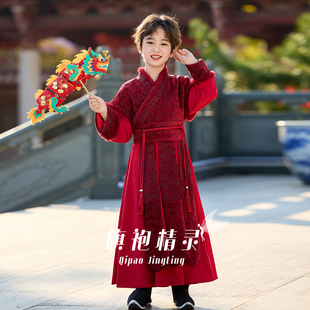 红色汉服男童拜年服冬加厚冬装儿童古装国学服唐装男孩演出服国风