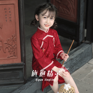 红色中国风旗袍裙女童2025新款秋季旗袍长袖洋气小女孩中式连衣裙