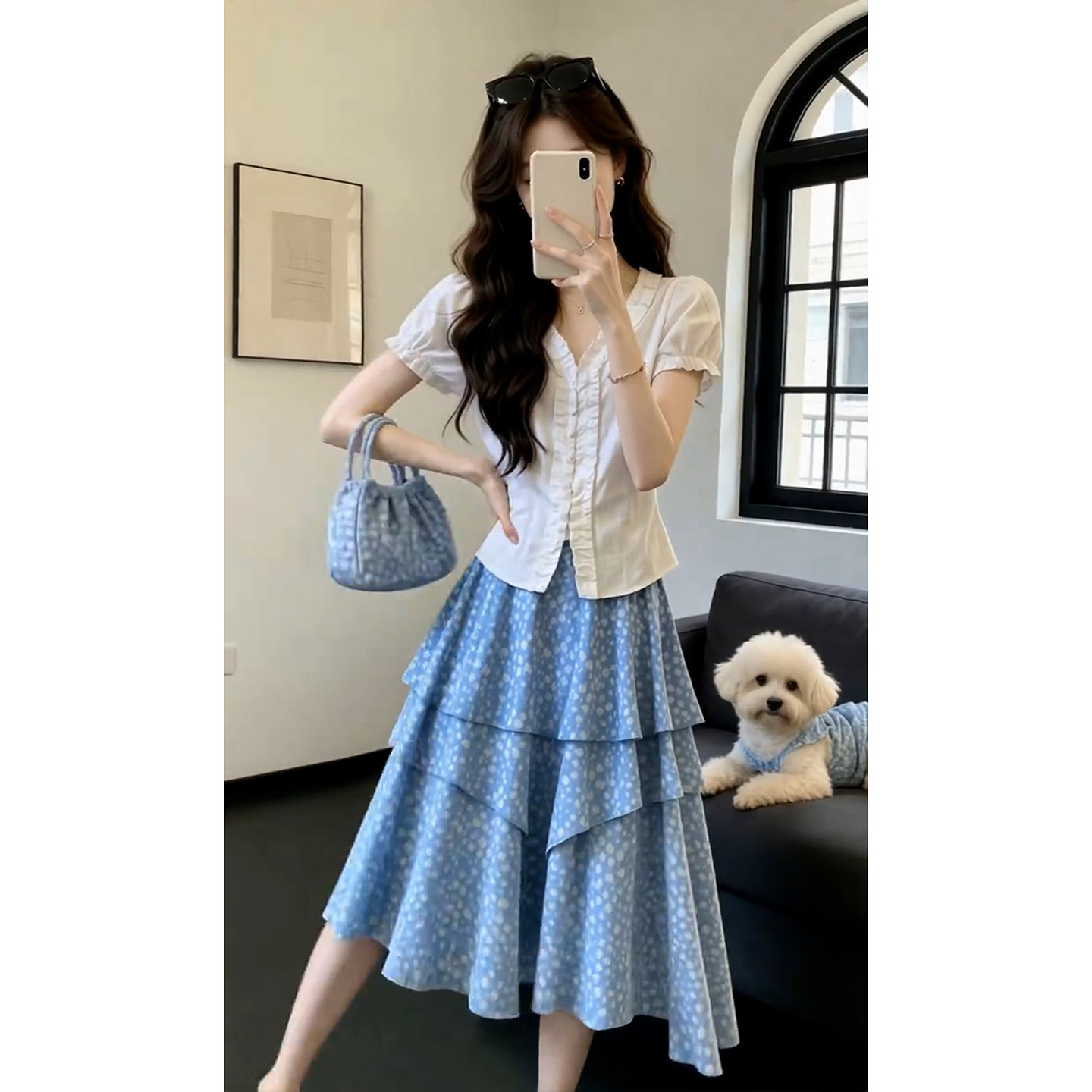2026新款白色衬衫蓝色碎花半身连衣裙子女夏季巨好看穿搭套装短裙