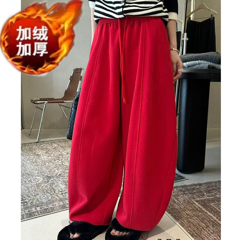 加绒加厚2025冬季新款韩版抽绳高腰百搭显瘦阔腿气球裤女弯刀长裤