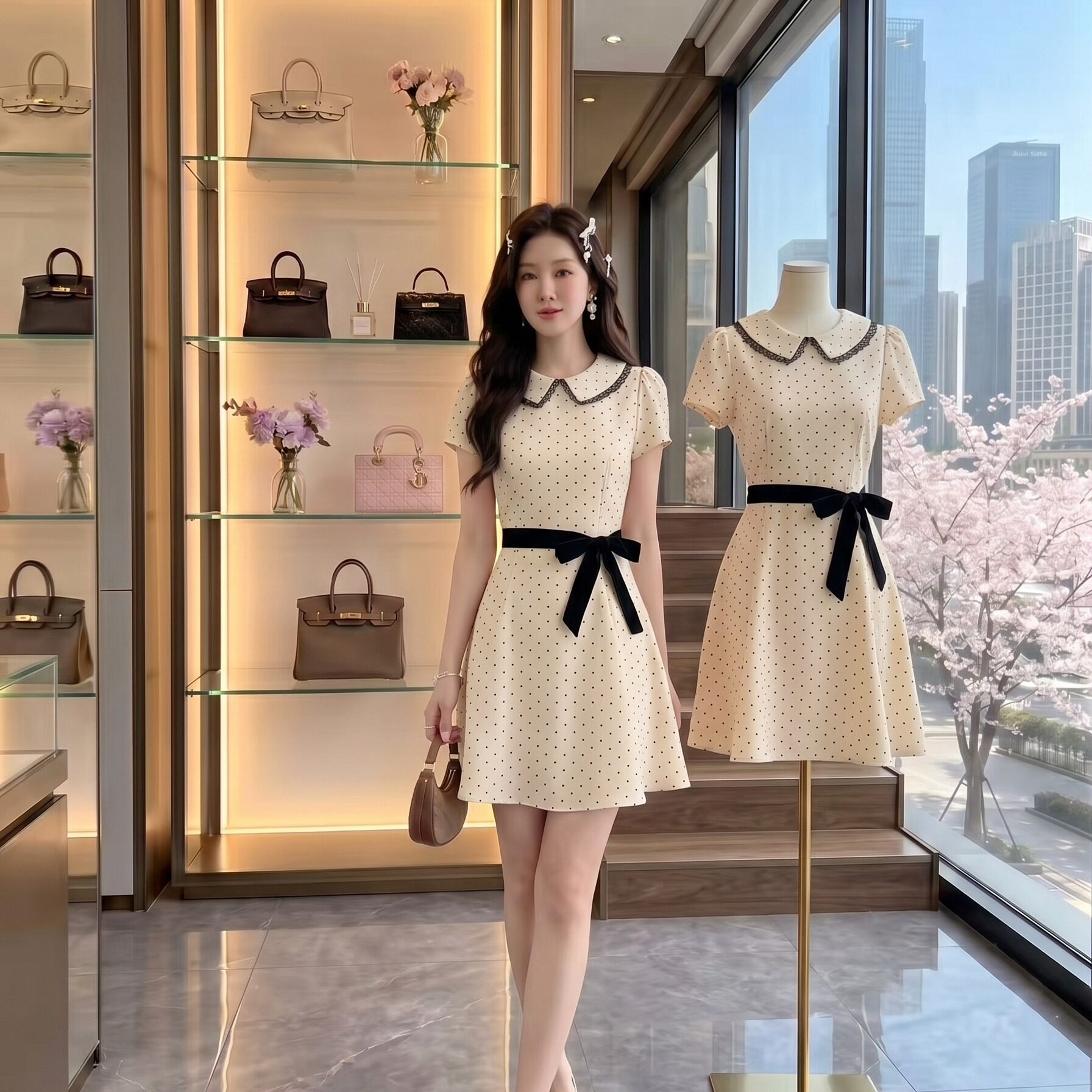 娃娃领甜美杏色波点连衣裙女夏季小香风法式掐腰miu系小洋裙a字裙