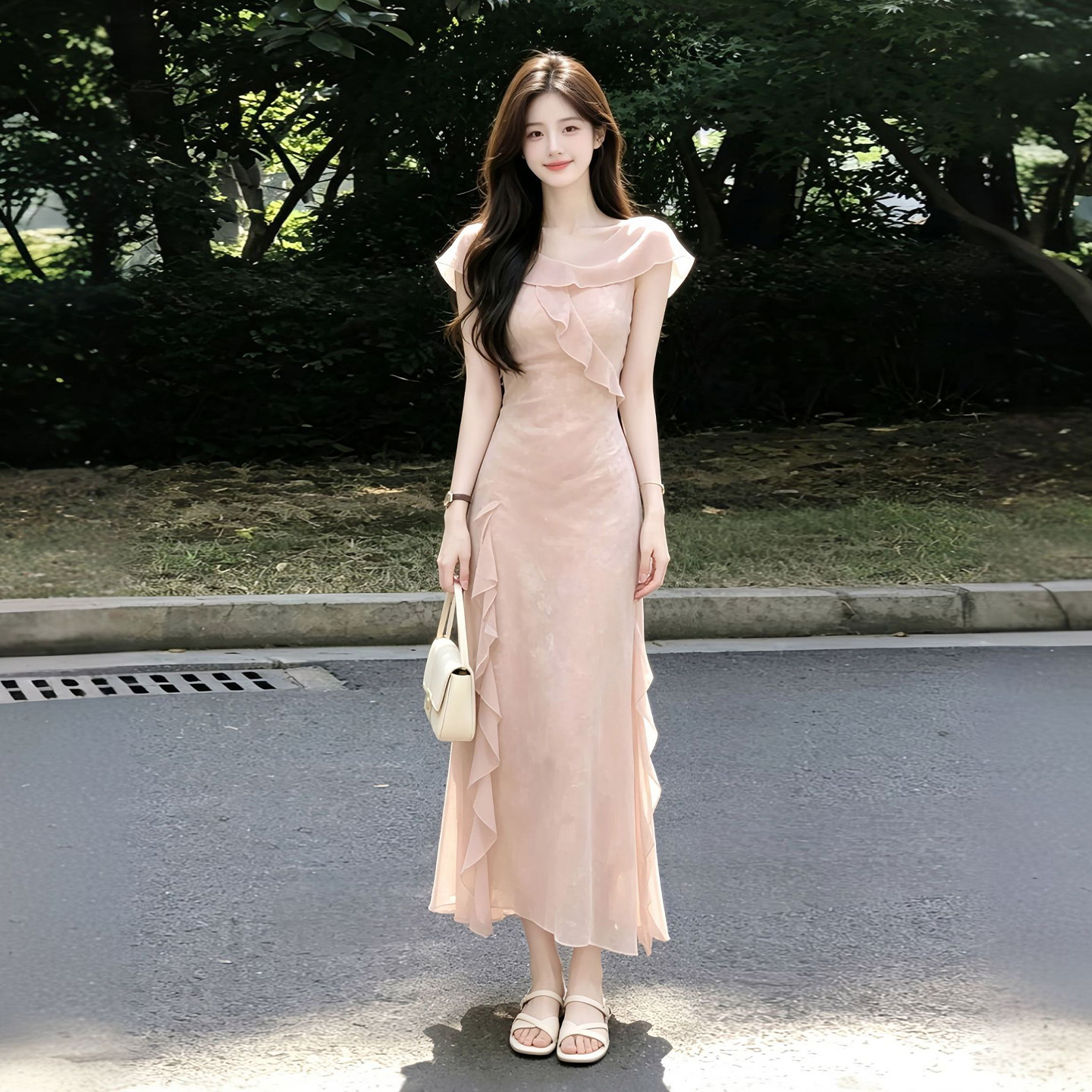 法式粉色荷叶边连衣裙子女夏2026新款夏日绝美收腰显瘦小个子长裙