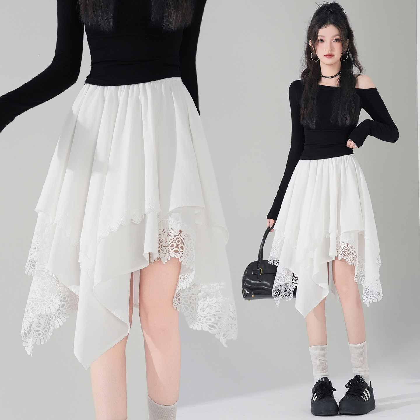 不规则白色半身裙女2026春季新款勾花蕾丝拼接设计感中裙女,女装/女士精品,半身裙,淘宝优惠券,粉丝福利购,淘宝优惠卷
