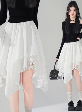 不规则白色半身裙女2026春季新款勾花蕾丝拼接设计感中裙女