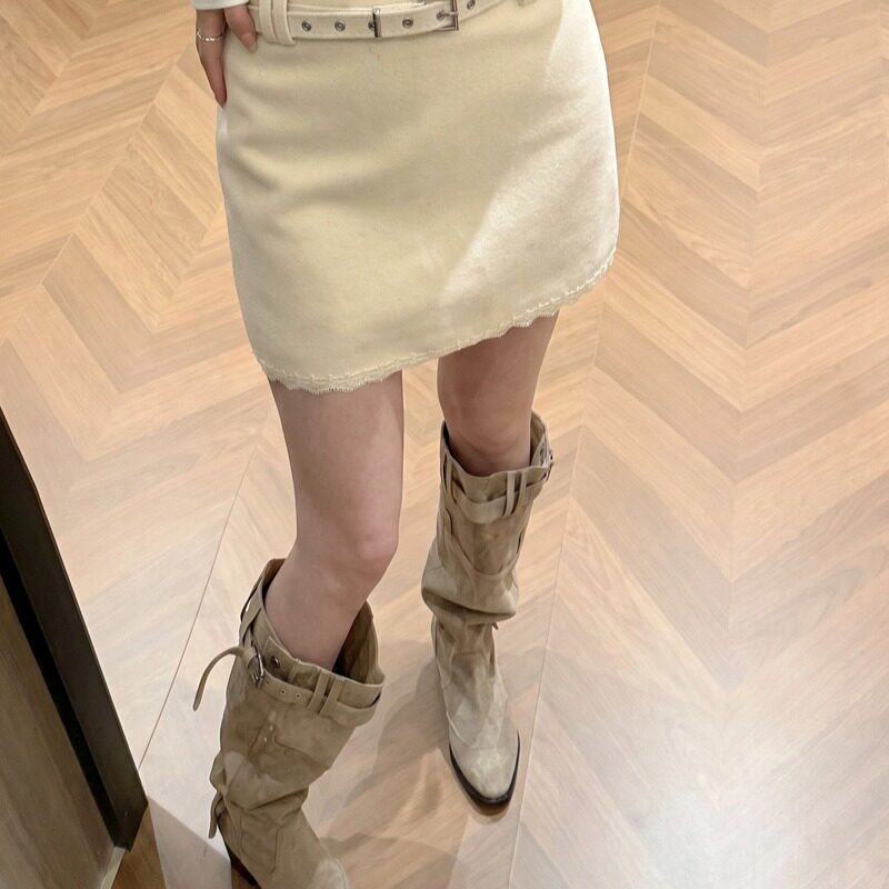 蕾丝花边毛呢半身裙女秋冬美拉德高腰a字包臀半身裙配腰带