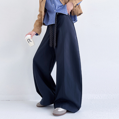 藏青色弯刀工装裤女秋季新款腰带设计感宽松慵懒风裤子阔腿休闲裤