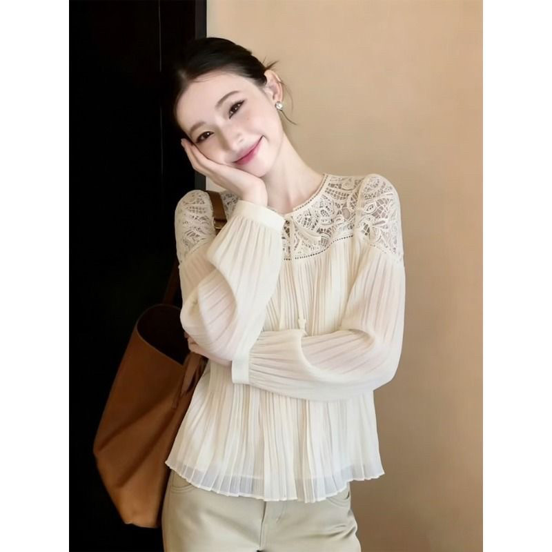 钩花蕾丝拼接雪纺衬衫女夏季巨好看气质高端小衫宽松长袖外穿上衣