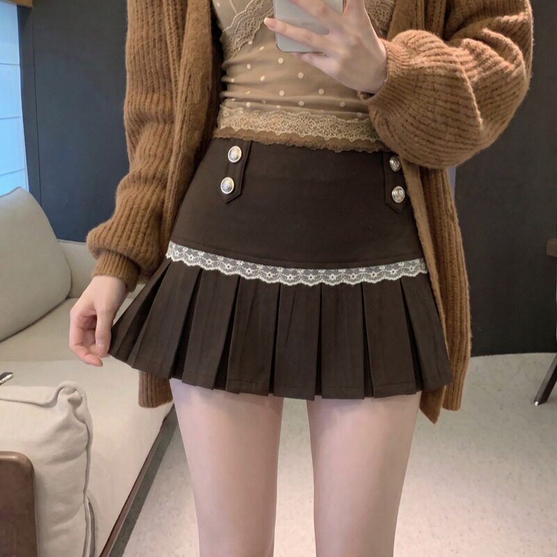 2026秋冬新款蕾丝花边拼接百褶半身裙呢子短裙女
