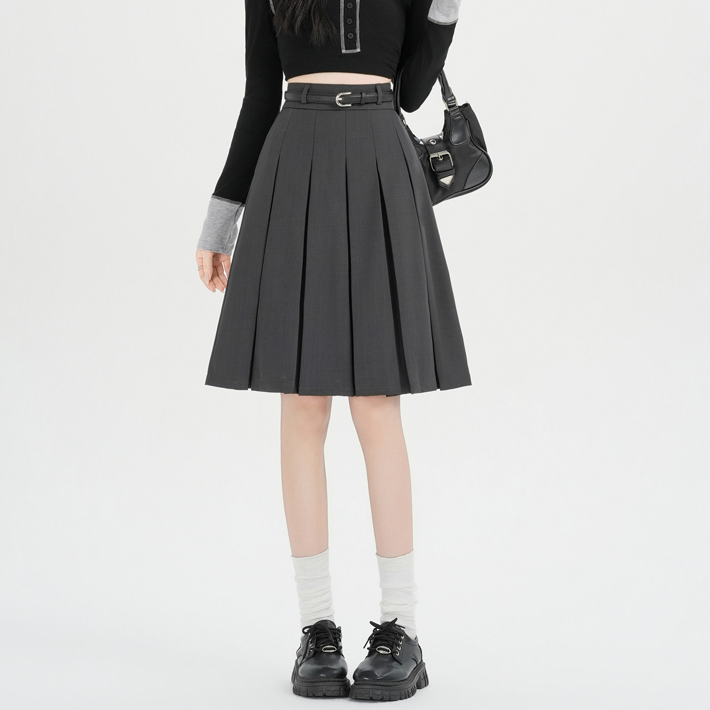 灰色西装百褶裙女2026春夏新款高腰显瘦小个子jk半身裙子女
