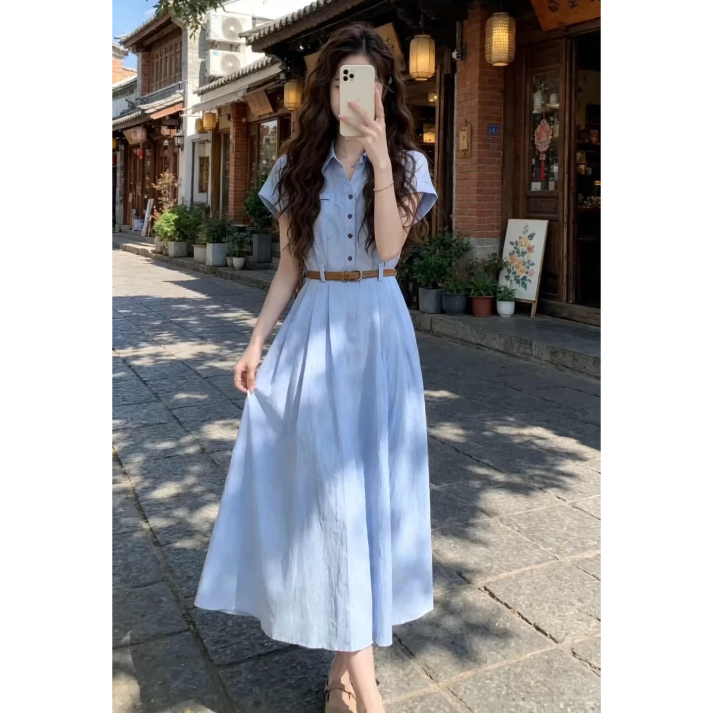 法式蓝色短袖衬衫连衣裙子女夏季2026新款高级感气质收腰显瘦长裙