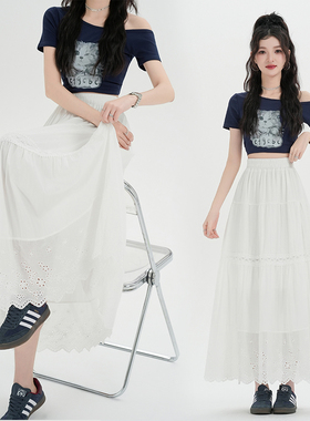 白色花边半身裙女2026春夏新款高腰a字气质中长款蛋糕裙