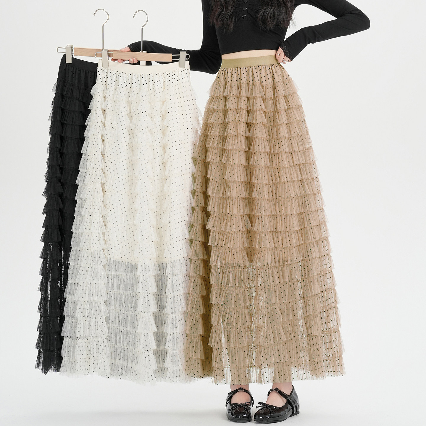 2026春季新款网纱蛋糕中长裙显瘦百搭韩版波点植绒半身裙女,女装/女士精品,半身裙,淘宝优惠券,粉丝福利购,淘宝优惠卷