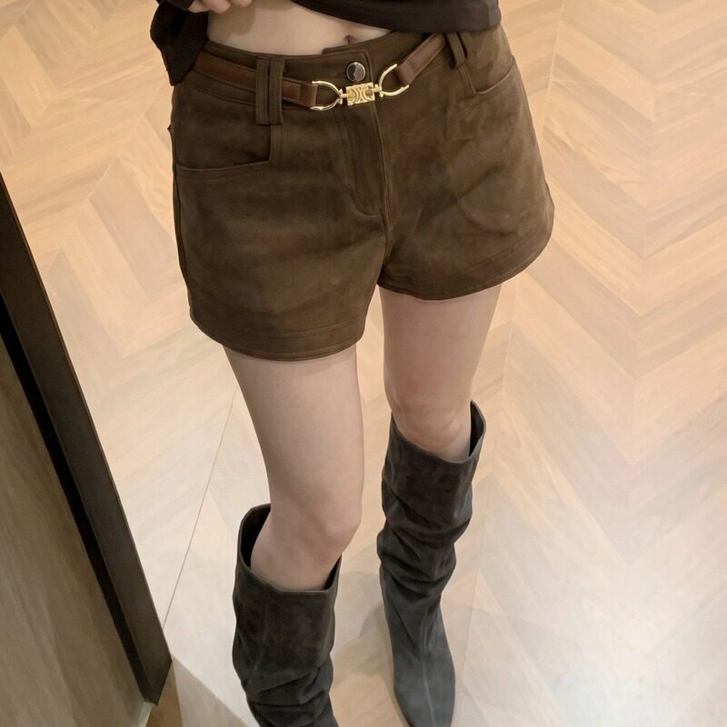 秋冬复古麂皮绒高腰显瘦短裤阔腿裤休闲裤靴裤a字裤女配腰带