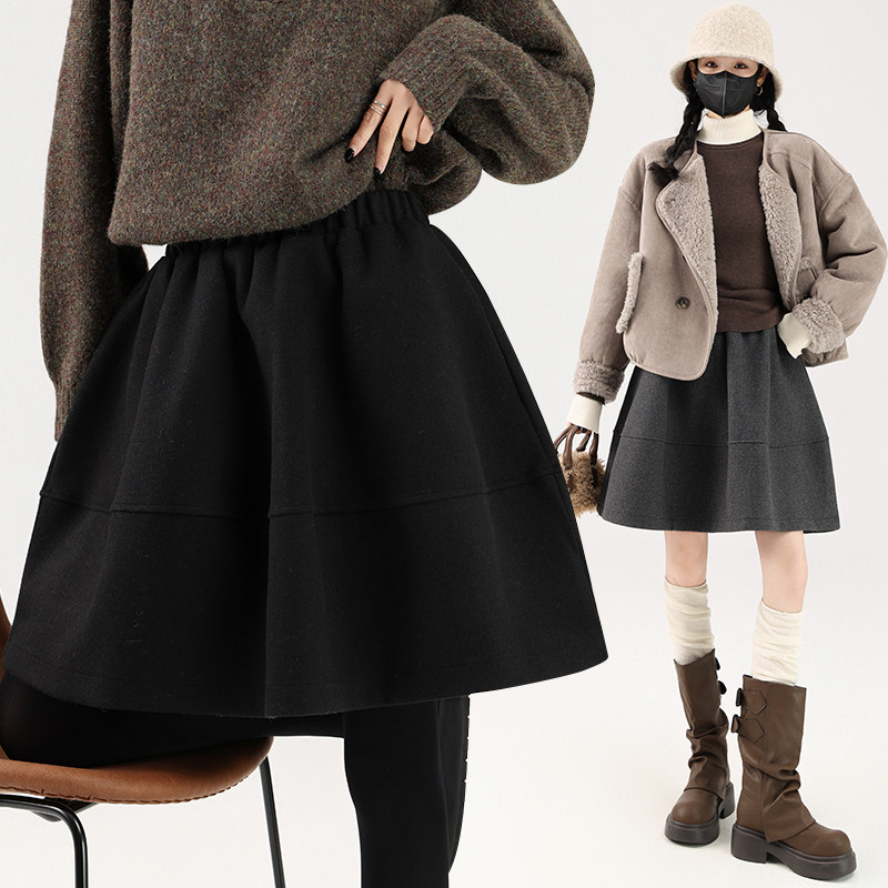 2026春秋新款休闲毛呢花苞短裙子女高腰百搭显瘦A字半身裙蓬蓬裙