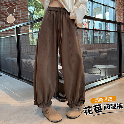 咖色木耳边花苞休闲裤女秋冬新宽松显瘦垂感阔腿气球裤灯笼裤