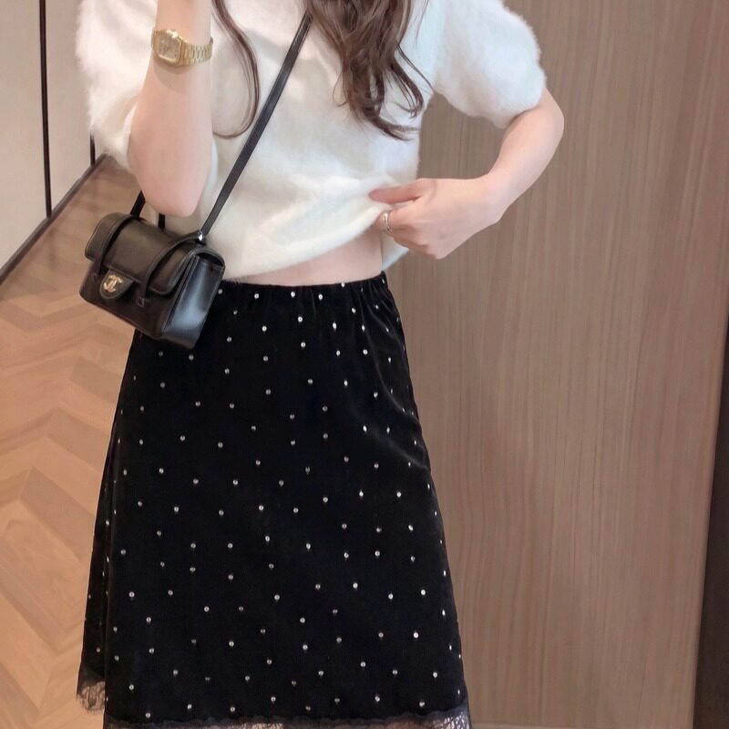 黑色波点蕾丝花边丝绒半身裙女2026秋季高腰A字裙甜美中裙