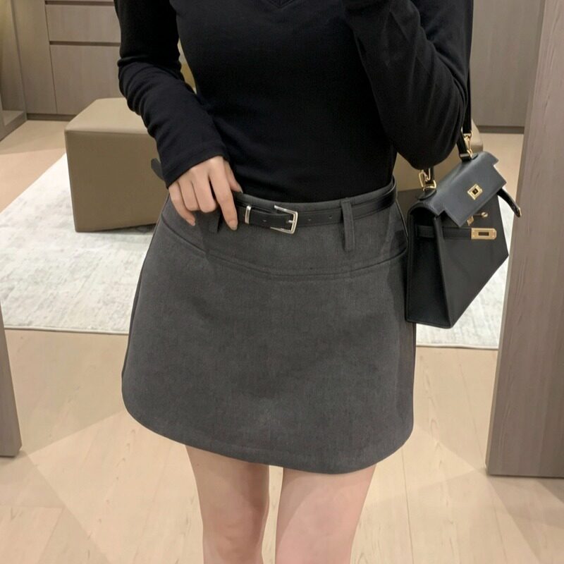 秋季新款高腰显瘦A字半身裙女小个子防走光呢子裙裤配腰带