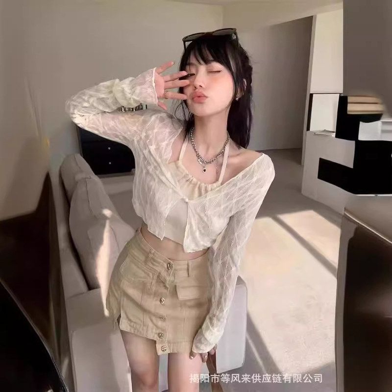 蕾丝网纱防晒开衫薄款女配吊带连衣裙子外搭罩衫夏披肩小坎肩外套
