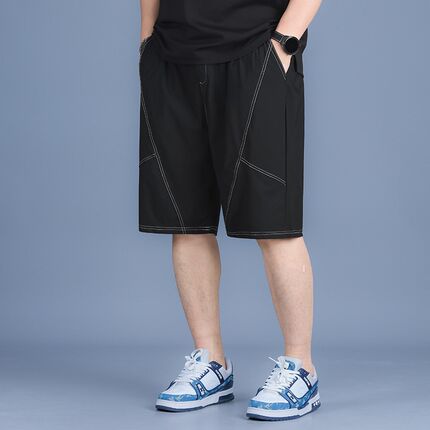 胖哥夏季速干冰丝三角拼接白线短裤潮流宽松大码男装休闲运动短裤